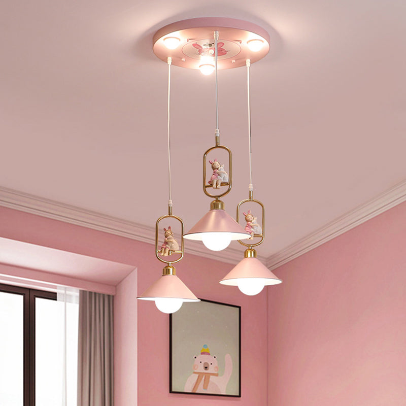 Cartoon Cone Shade Multi Ceiling Light Metallic 6 Bulbs Nursery Suspension Lighting with Resin Figurine in Pink Clearhalo 'Ceiling Lights' 'Pendant Lights' 'Pendants' Lighting' 2187822