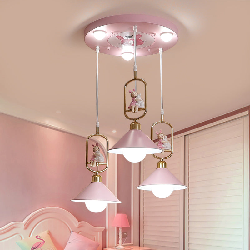 Cartoon Cone Shade Multi Ceiling Light Metallic 6 Bulbs Nursery Suspension Lighting with Resin Figurine in Pink Clearhalo 'Ceiling Lights' 'Pendant Lights' 'Pendants' Lighting' 2187823