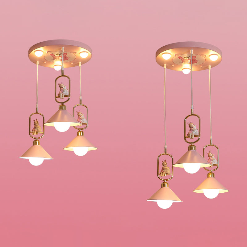 Cartoon Cone Shade Multi Ceiling Light Metallic 6 Bulbs Nursery Suspension Lighting with Resin Figurine in Pink Clearhalo 'Ceiling Lights' 'Pendant Lights' 'Pendants' Lighting' 2187824