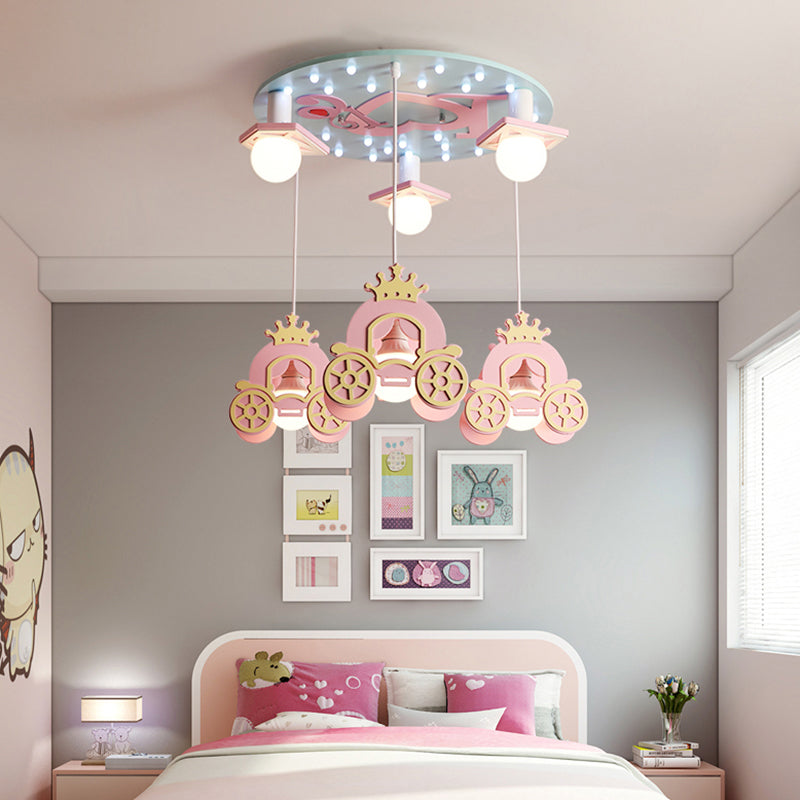 Princess Carriage Ceiling Light Wooden Kids 6 Heads Bedroom Multi Lamp Pendant Light in Pink Pink Clearhalo 'Ceiling Lights' 'Pendant Lights' 'Pendants' Lighting' 2187827_1cee50e9-6601-4884-9f9d-0c75cb64c65d