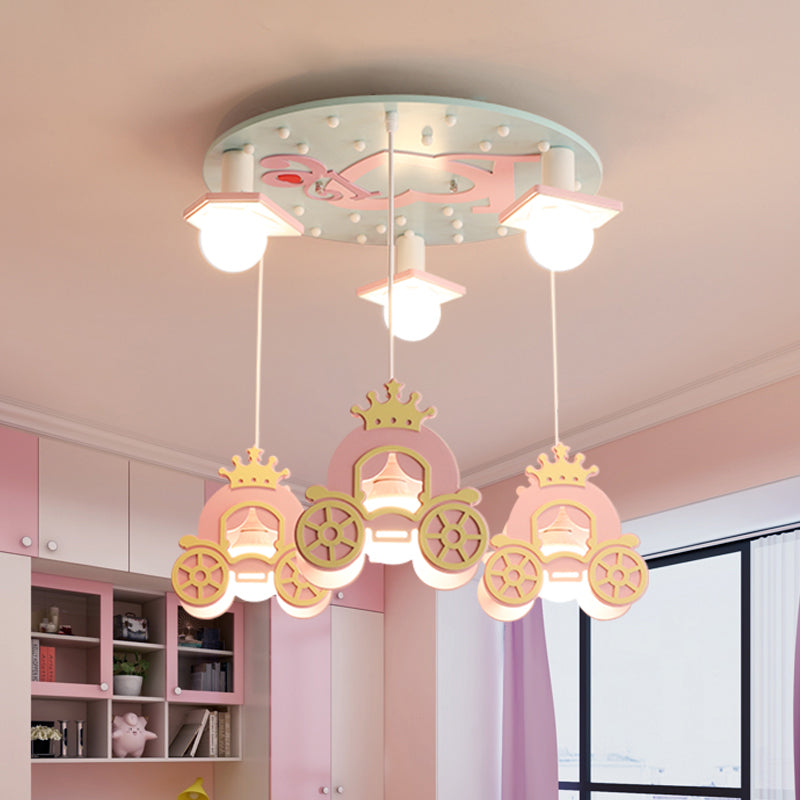 Princess Carriage Ceiling Light Wooden Kids 6 Heads Bedroom Multi Lamp Pendant Light in Pink Clearhalo 'Ceiling Lights' 'Pendant Lights' 'Pendants' Lighting' 2187829