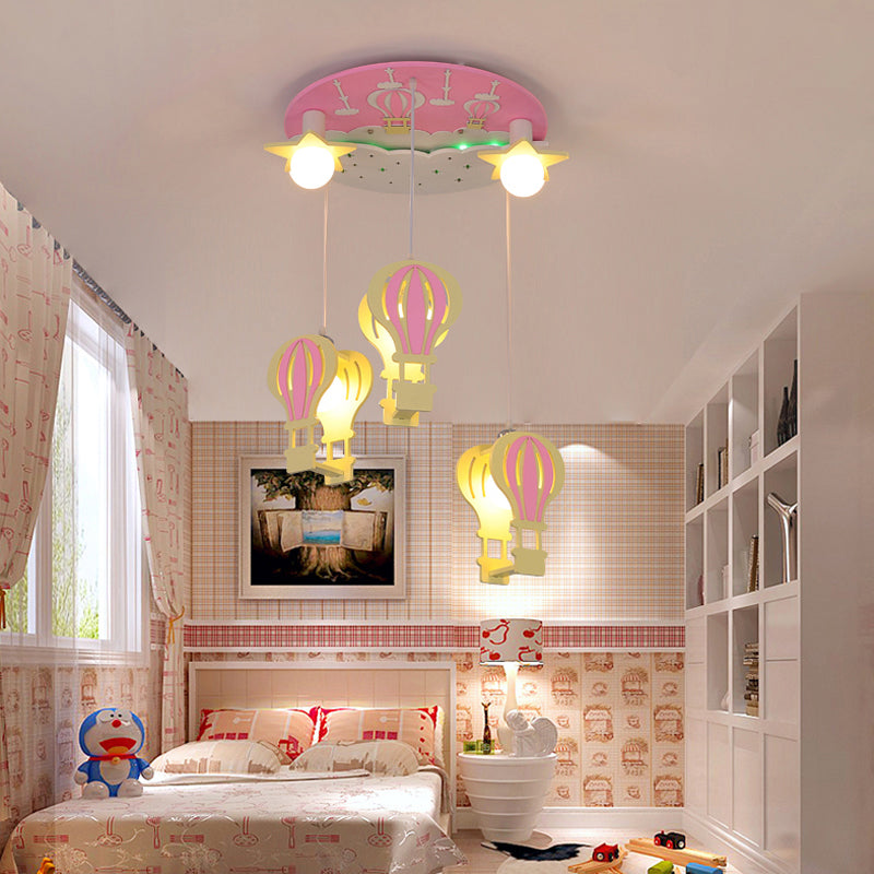 Wood Hot Air Balloon Hanging Pendant Light Kids 5 Bulbs Hanging Lighting for Bedroom Pink Clearhalo 'Ceiling Lights' 'Pendant Lights' 'Pendants' Lighting' 2187834_c6bd5300-6ec7-4199-bc2b-c5c650c19d75