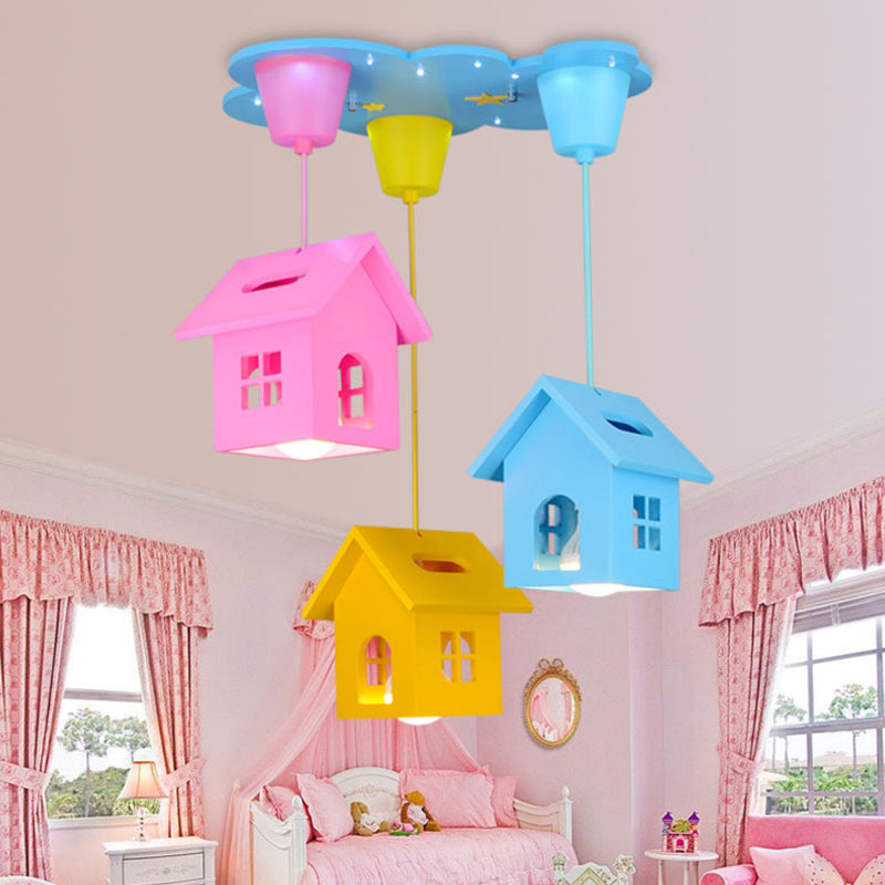 Blue House Shaped Hanging Light Kids 3 Bulbs Wooden Multi Light Pendant for Nursery Clearhalo 'Ceiling Lights' 'Pendant Lights' 'Pendants' Lighting' 2187842