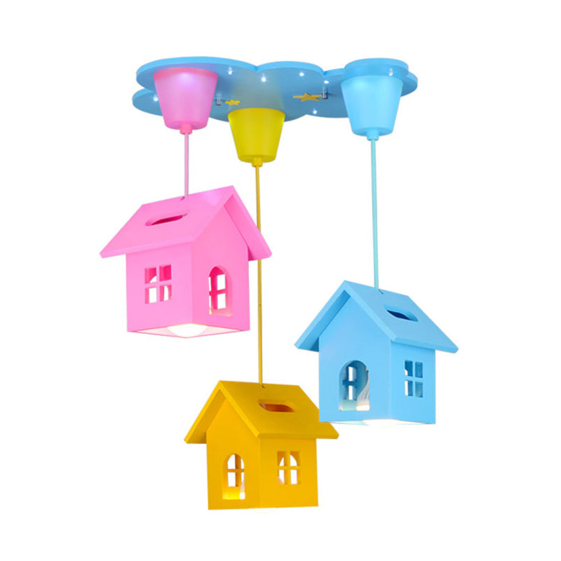 Blue House Shaped Hanging Light Kids 3 Bulbs Wooden Multi Light Pendant for Nursery Clearhalo 'Ceiling Lights' 'Pendant Lights' 'Pendants' Lighting' 2187846