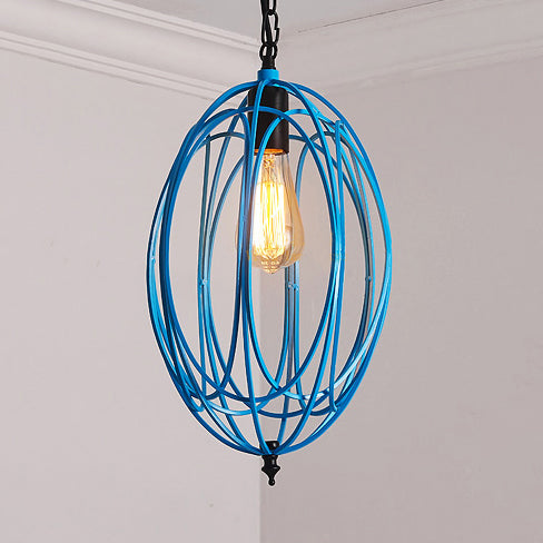 Gray/Red Oval Cage Hanging Ceiling Light Industrial Metallic 1 Bulb Restaurant Pendant Lamp with Adjustable Chain Blue Clearhalo 'Art Deco Pendants' 'Cast Iron' 'Ceiling Lights' 'Ceramic' 'Crystal' 'Industrial Pendants' 'Industrial' 'Metal' 'Middle Century Pendants' 'Pendant Lights' 'Pendants' 'Tiffany' Lighting' 21912