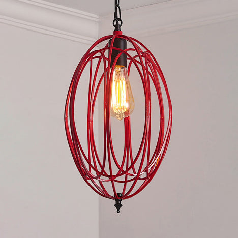 Gray/Red Oval Cage Hanging Ceiling Light Industrial Metallic 1 Bulb Restaurant Pendant Lamp with Adjustable Chain Red Clearhalo 'Art Deco Pendants' 'Cast Iron' 'Ceiling Lights' 'Ceramic' 'Crystal' 'Industrial Pendants' 'Industrial' 'Metal' 'Middle Century Pendants' 'Pendant Lights' 'Pendants' 'Tiffany' Lighting' 21917