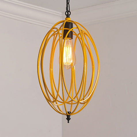 Gray/Red Oval Cage Hanging Ceiling Light Industrial Metallic 1 Bulb Restaurant Pendant Lamp with Adjustable Chain Yellow Clearhalo 'Art Deco Pendants' 'Cast Iron' 'Ceiling Lights' 'Ceramic' 'Crystal' 'Industrial Pendants' 'Industrial' 'Metal' 'Middle Century Pendants' 'Pendant Lights' 'Pendants' 'Tiffany' Lighting' 21920