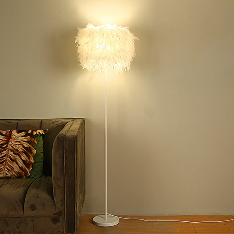 Drum Shade Standing Light Minimalistic Feather 1 Bulb Living Room Floor Lamp in White White 15.5