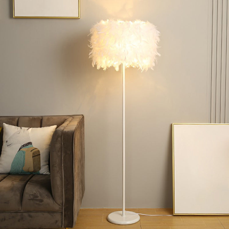 Drum Shade Standing Light Minimalistic Feather 1 Bulb Living Room Floor Lamp in White White 18