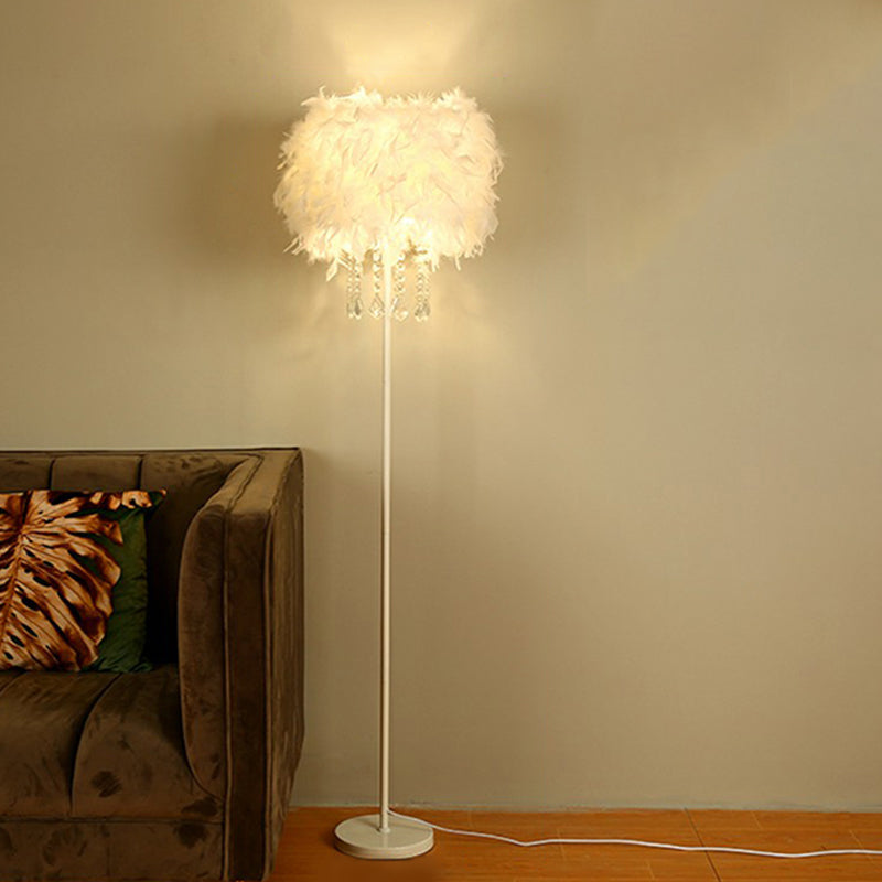 Drum Shade Standing Light Minimalistic Feather 1 Bulb Living Room Floor Lamp in White White 15.5