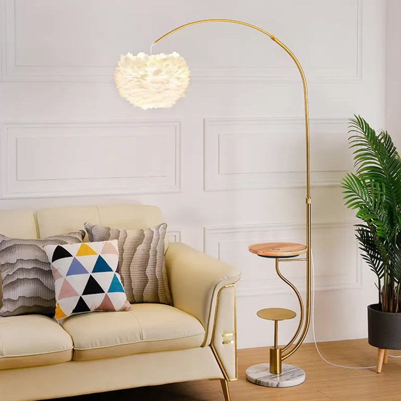 Modern Hemisphere Floor Light Feather Single Living Room Arched Standing Lamp with Tray Gold C Clearhalo 'Floor Lamps' 'Lamps' Lighting' 2196984