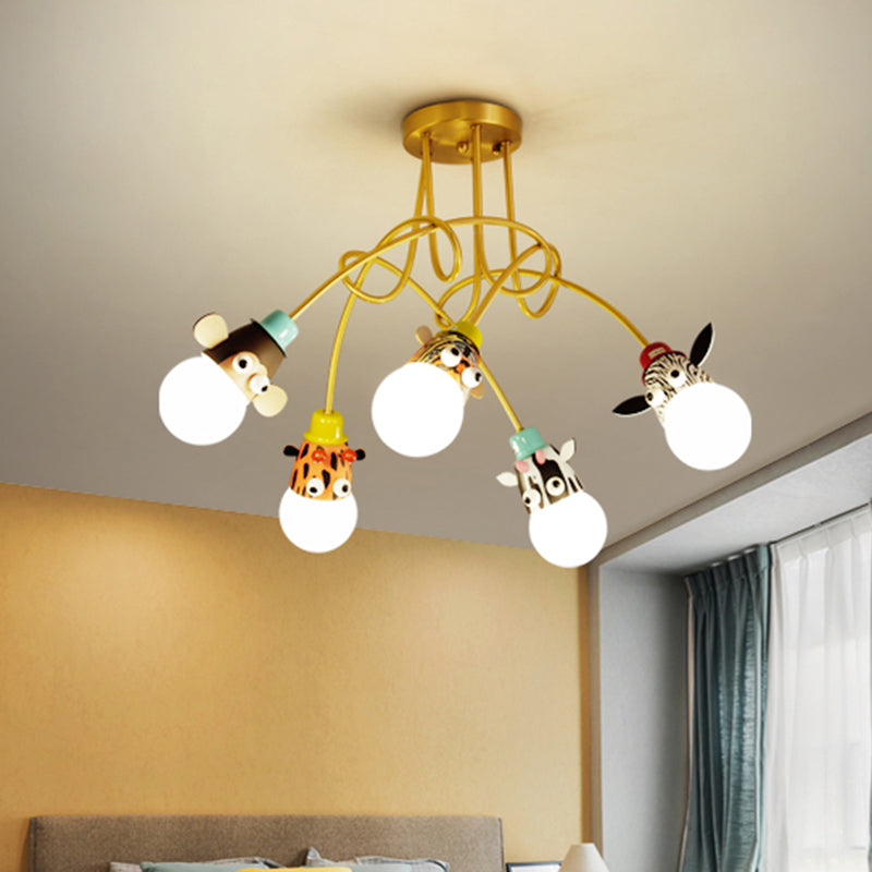 Animal Head Semi Flush Kids Metallic Kindergarten Flush Ceiling Light Fixture in Gold 5 Gold Clearhalo 'Ceiling Lights' 'Close To Ceiling Lights' 'Close to ceiling' 'Semi-flushmount' Lighting' 2197109