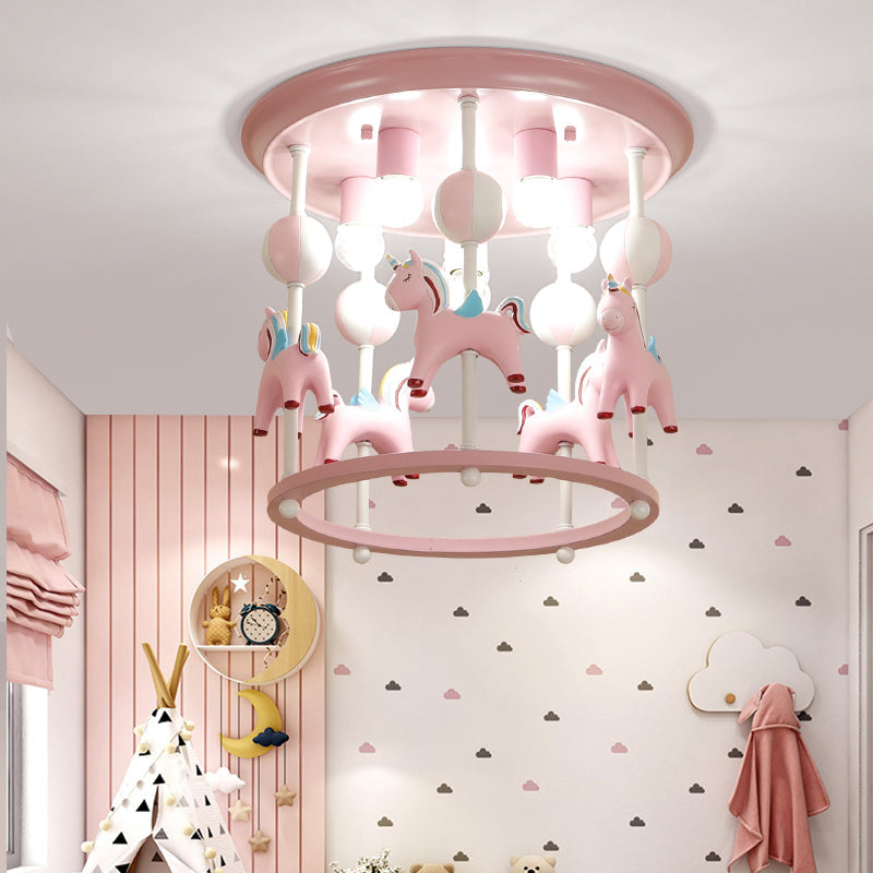 Cartoon Merry-Go-Round Semi Flush Resin 6 Heads Bedroom Flush Ceiling Light Fixture Pink B Clearhalo 'Ceiling Lights' 'Close To Ceiling Lights' 'Close to ceiling' 'Semi-flushmount' Lighting' 2197150