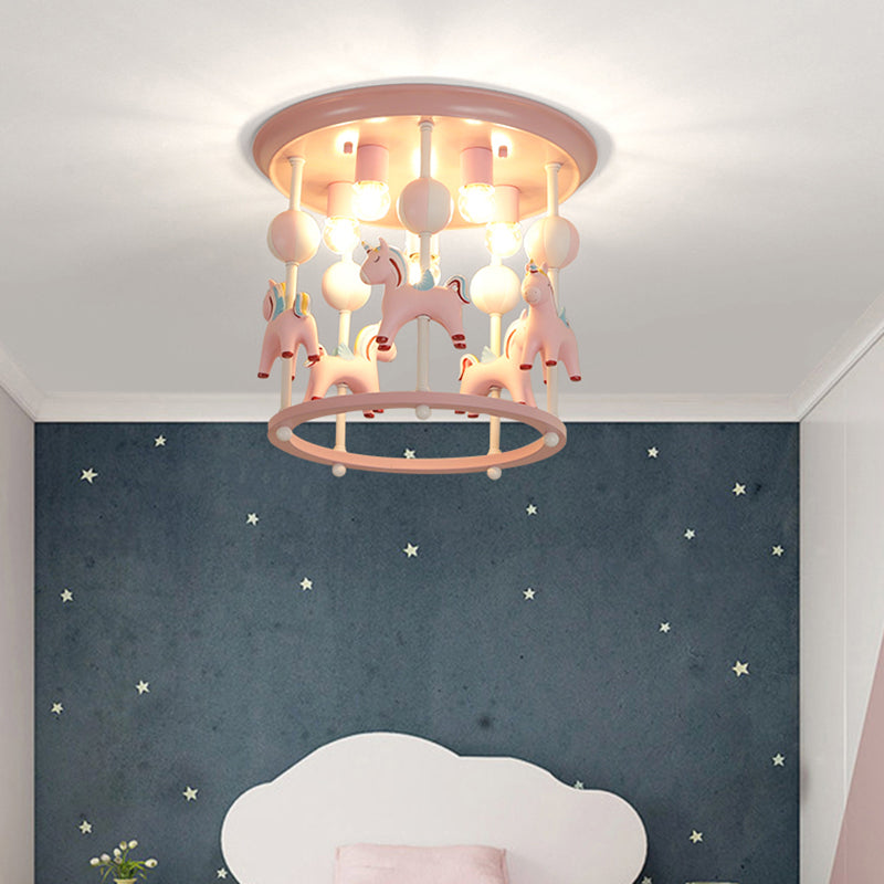 Cartoon Merry-Go-Round Semi Flush Resin 6 Heads Bedroom Flush Ceiling Light Fixture Clearhalo 'Ceiling Lights' 'Close To Ceiling Lights' 'Close to ceiling' 'Semi-flushmount' Lighting' 2197151