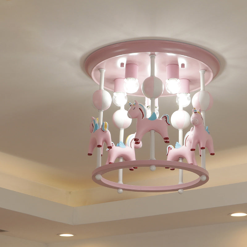 Cartoon Merry-Go-Round Semi Flush Resin 6 Heads Bedroom Flush Ceiling Light Fixture Clearhalo 'Ceiling Lights' 'Close To Ceiling Lights' 'Close to ceiling' 'Semi-flushmount' Lighting' 2197152