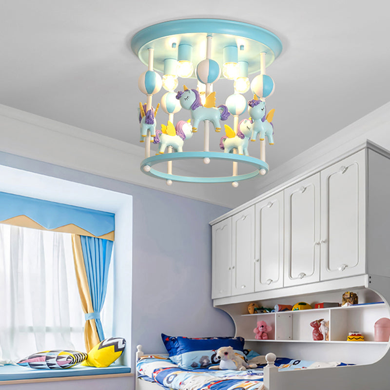 Cartoon Merry-Go-Round Semi Flush Resin 6 Heads Bedroom Flush Ceiling Light Fixture Blue A Clearhalo 'Ceiling Lights' 'Close To Ceiling Lights' 'Close to ceiling' 'Semi-flushmount' Lighting' 2197156