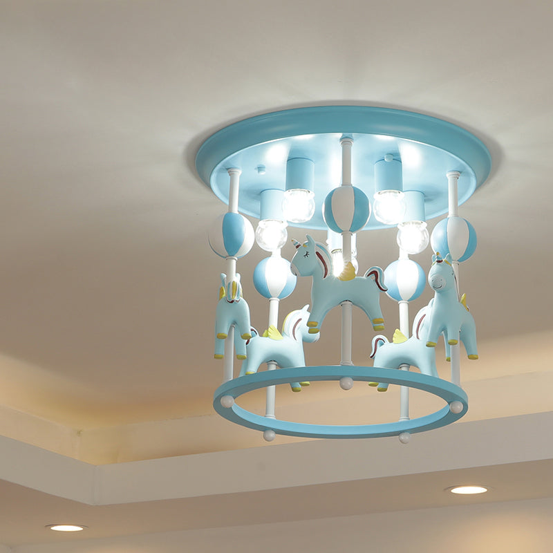 Cartoon Merry-Go-Round Semi Flush Resin 6 Heads Bedroom Flush Ceiling Light Fixture Clearhalo 'Ceiling Lights' 'Close To Ceiling Lights' 'Close to ceiling' 'Semi-flushmount' Lighting' 2197159