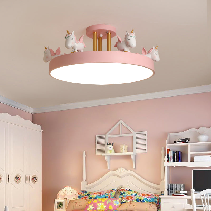 Round LED Semi Flush Mount Kids Style Acrylic Nursery Ceiling Mounted Light with Resin Unicorn Clearhalo 'Ceiling Lights' 'Close To Ceiling Lights' 'Close to ceiling' 'Semi-flushmount' Lighting' 2197161