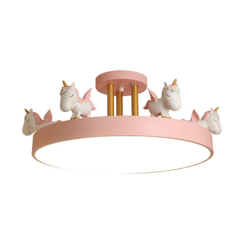 Round LED Semi Flush Mount Kids Style Acrylic Nursery Ceiling Mounted Light with Resin Unicorn Clearhalo 'Ceiling Lights' 'Close To Ceiling Lights' 'Close to ceiling' 'Semi-flushmount' Lighting' 2197162