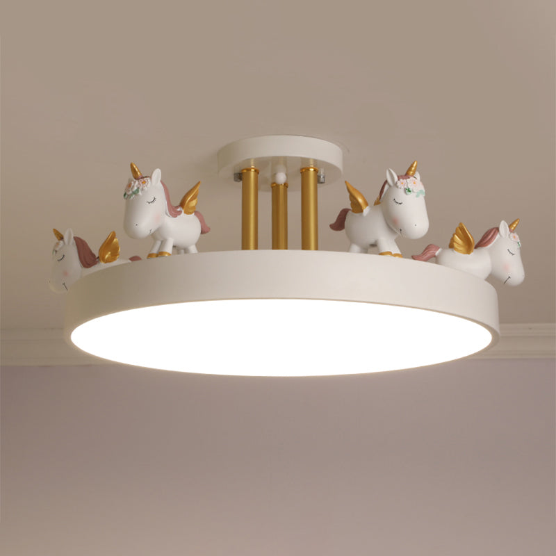 Round LED Semi Flush Mount Kids Style Acrylic Nursery Ceiling Mounted Light with Resin Unicorn White Metal Clearhalo 'Ceiling Lights' 'Close To Ceiling Lights' 'Close to ceiling' 'Semi-flushmount' Lighting' 2197166