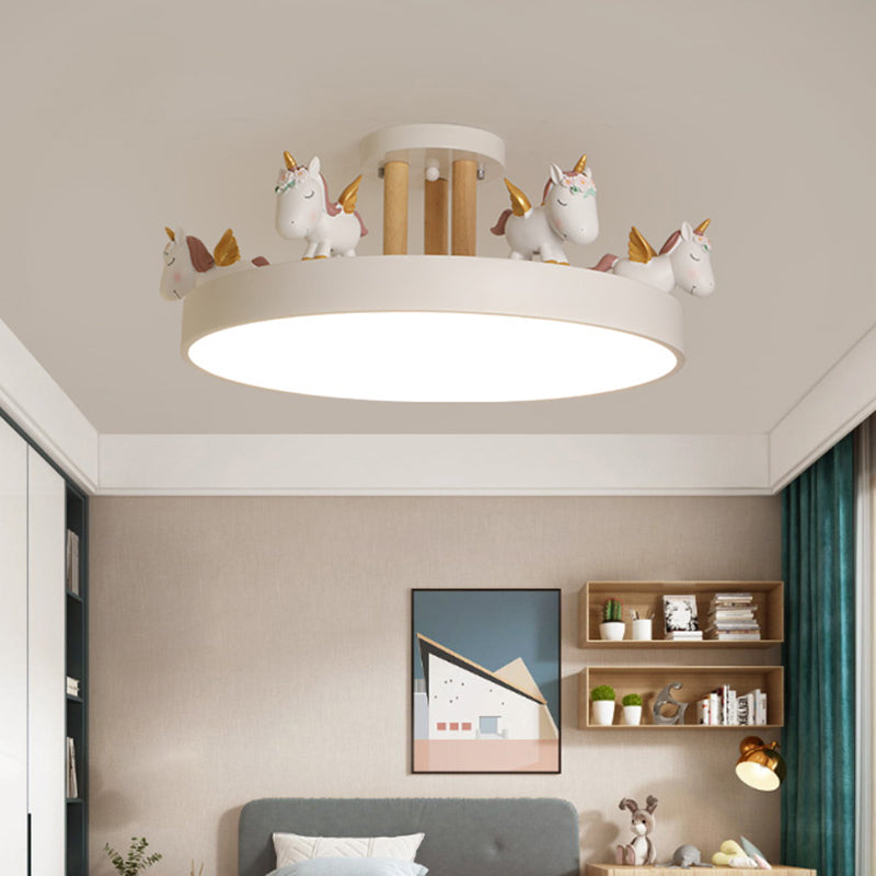 Round LED Semi Flush Mount Kids Style Acrylic Nursery Ceiling Mounted Light with Resin Unicorn Clearhalo 'Ceiling Lights' 'Close To Ceiling Lights' 'Close to ceiling' 'Semi-flushmount' Lighting' 2197168