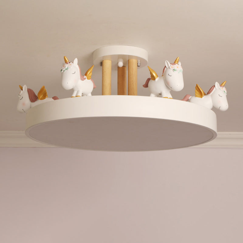 Round LED Semi Flush Mount Kids Style Acrylic Nursery Ceiling Mounted Light with Resin Unicorn Clearhalo 'Ceiling Lights' 'Close To Ceiling Lights' 'Close to ceiling' 'Semi-flushmount' Lighting' 2197169