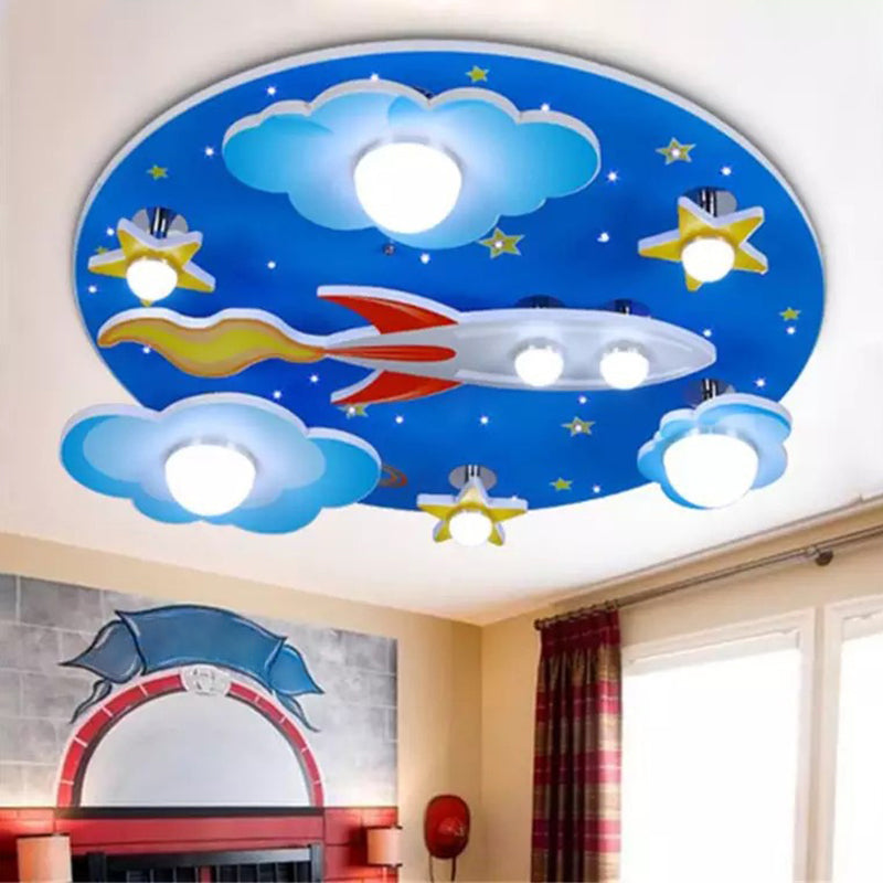 Wooden Rocket and Star Flush Mount Childrens 8 Bulbs Blue Flushmount Ceiling Light Blue A Clearhalo 'Ceiling Lights' 'Close To Ceiling Lights' 'Close to ceiling' 'Flush mount' Lighting' 2197170