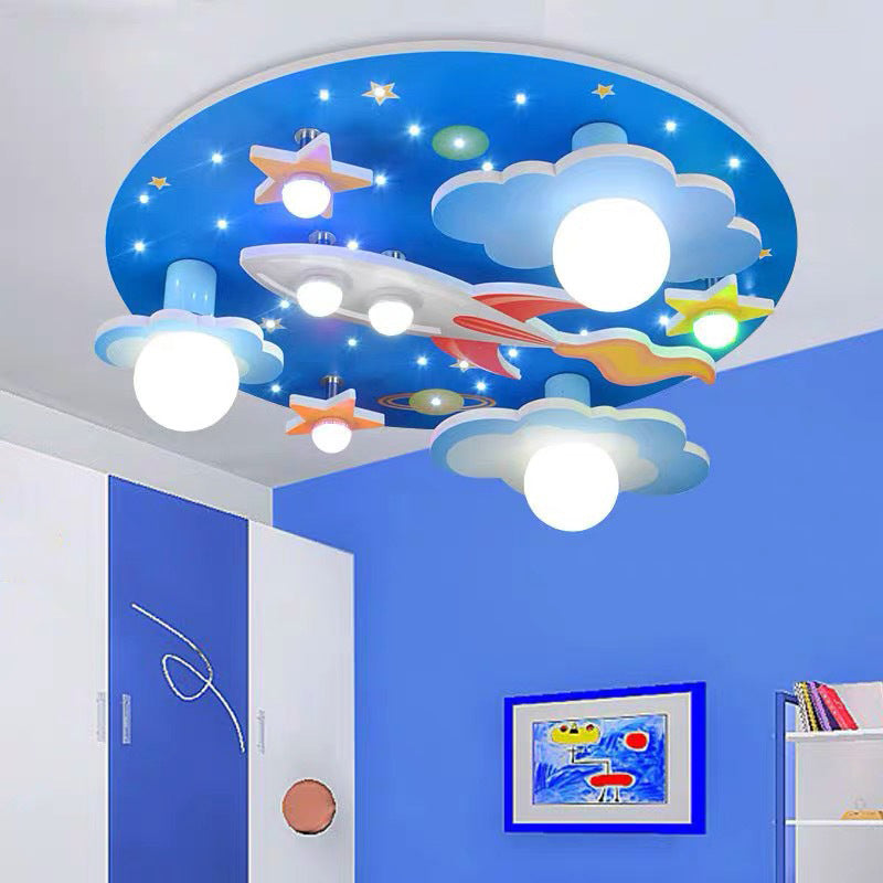 Wooden Rocket and Star Flush Mount Childrens 8 Bulbs Blue Flushmount Ceiling Light Clearhalo 'Ceiling Lights' 'Close To Ceiling Lights' 'Close to ceiling' 'Flush mount' Lighting' 2197171