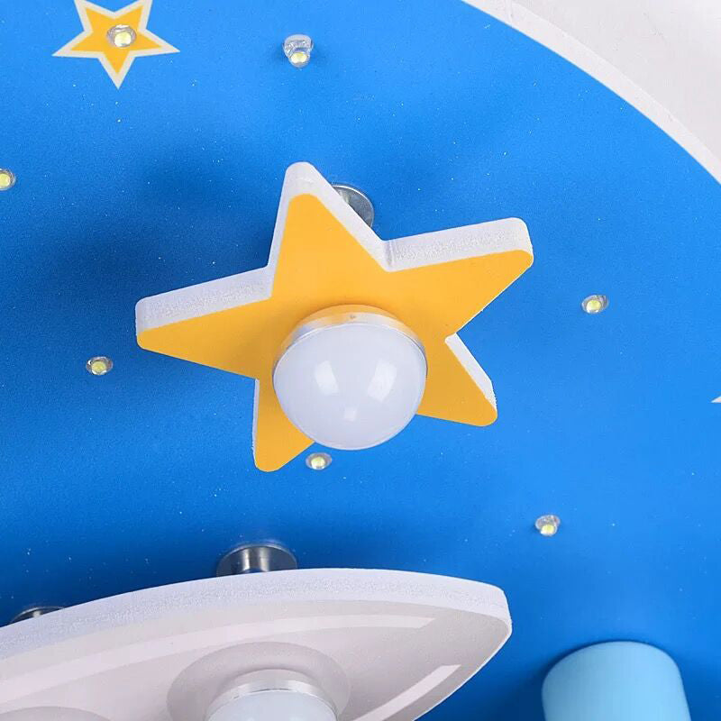 Wooden Rocket and Star Flush Mount Childrens 8 Bulbs Blue Flushmount Ceiling Light Clearhalo 'Ceiling Lights' 'Close To Ceiling Lights' 'Close to ceiling' 'Flush mount' Lighting' 2197172