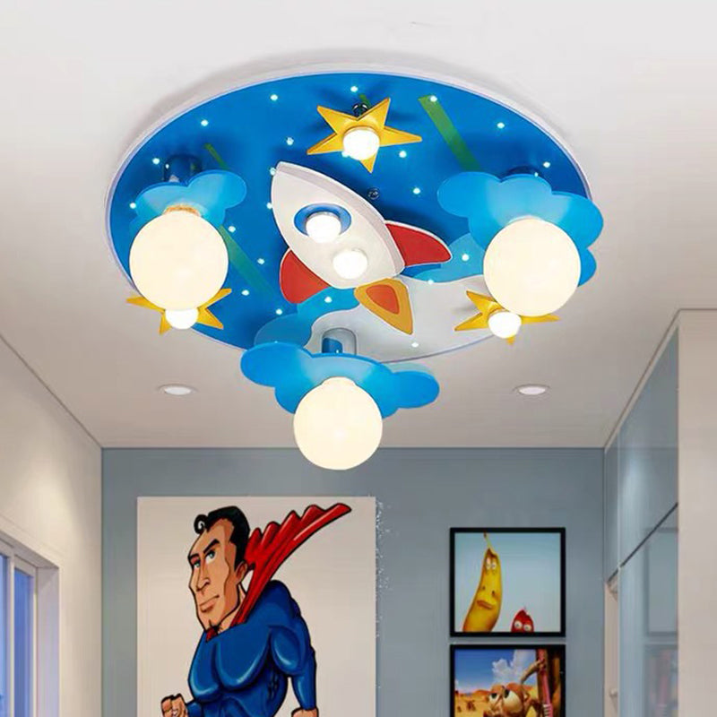 Wooden Rocket and Star Flush Mount Childrens 8 Bulbs Blue Flushmount Ceiling Light Blue B Clearhalo 'Ceiling Lights' 'Close To Ceiling Lights' 'Close to ceiling' 'Flush mount' Lighting' 2197173