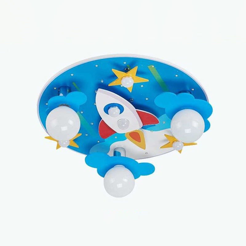 Wooden Rocket and Star Flush Mount Childrens 8 Bulbs Blue Flushmount Ceiling Light Clearhalo 'Ceiling Lights' 'Close To Ceiling Lights' 'Close to ceiling' 'Flush mount' Lighting' 2197174