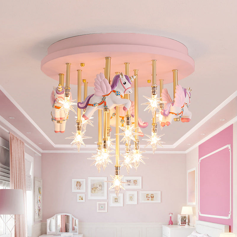 Star Ceiling Light Cartoon Clear Glass 13 Heads Kindergarten Semi Flush Light Fixture with Resin Unicorn Pink A Clearhalo 'Ceiling Lights' 'Close To Ceiling Lights' 'Close to ceiling' 'Semi-flushmount' Lighting' 2197179