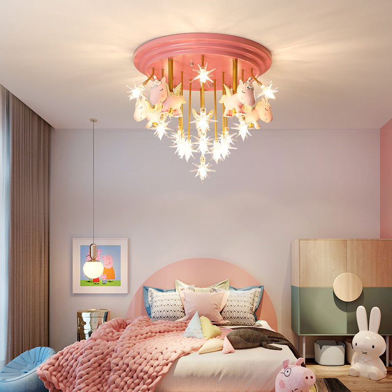 Resin Unicorn LED Semi Flush Nursery Flush Ceiling Light Fixture with Clear Glass Shade 16 Pink Clearhalo 'Ceiling Lights' 'Close To Ceiling Lights' 'Close to ceiling' 'Semi-flushmount' Lighting' 2197182