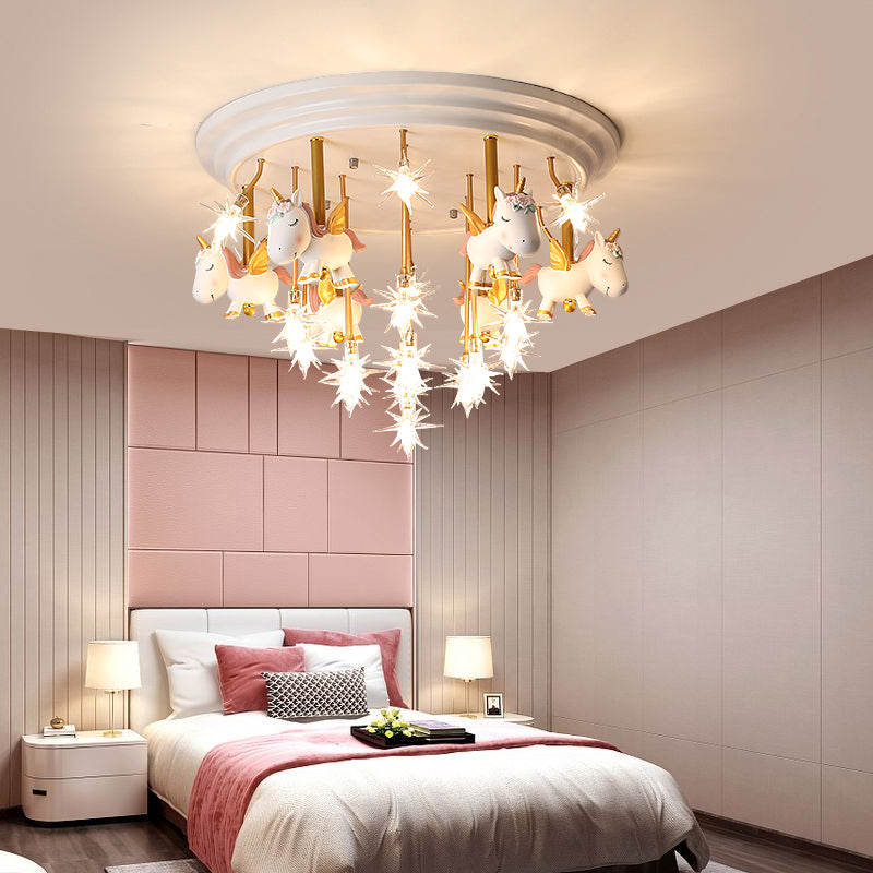 Resin Unicorn LED Semi Flush Nursery Flush Ceiling Light Fixture with Clear Glass Shade 19 White Clearhalo 'Ceiling Lights' 'Close To Ceiling Lights' 'Close to ceiling' 'Semi-flushmount' Lighting' 2197183