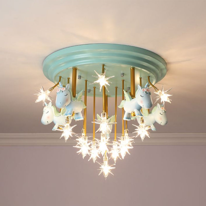 Resin Unicorn LED Semi Flush Nursery Flush Ceiling Light Fixture with Clear Glass Shade 16 Green Clearhalo 'Ceiling Lights' 'Close To Ceiling Lights' 'Close to ceiling' 'Semi-flushmount' Lighting' 2197188