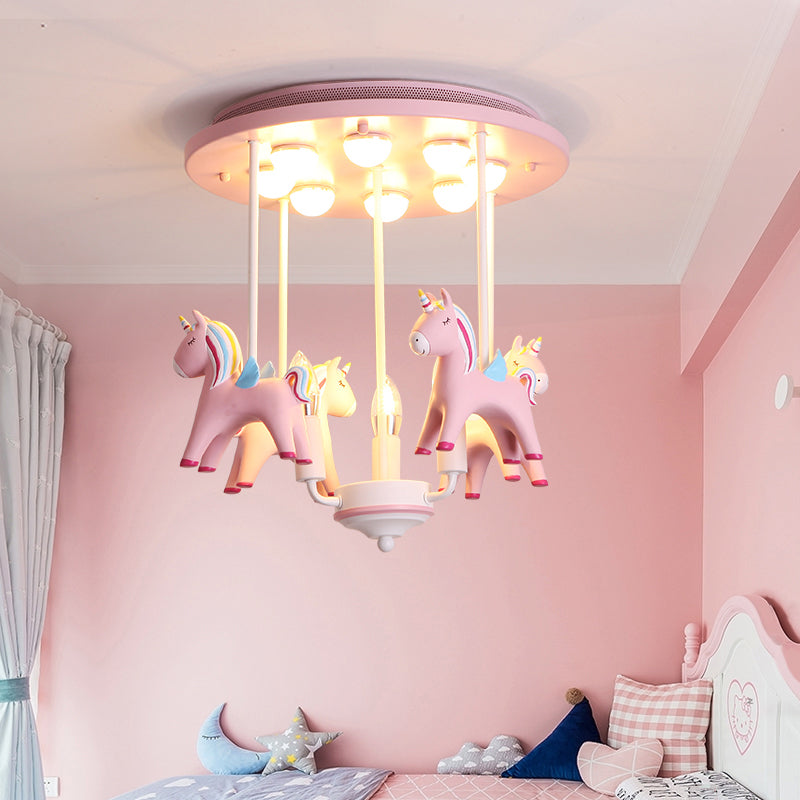 Resin Rainbow Unicorn Ceiling Light Cartoon 11 Bulbs Semi Flush Light Fixture for Child Room Pink Clearhalo 'Ceiling Lights' 'Close To Ceiling Lights' 'Close to ceiling' 'Semi-flushmount' Lighting' 2197208