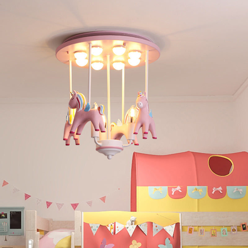 Resin Rainbow Unicorn Ceiling Light Cartoon 11 Bulbs Semi Flush Light Fixture for Child Room Clearhalo 'Ceiling Lights' 'Close To Ceiling Lights' 'Close to ceiling' 'Semi-flushmount' Lighting' 2197212