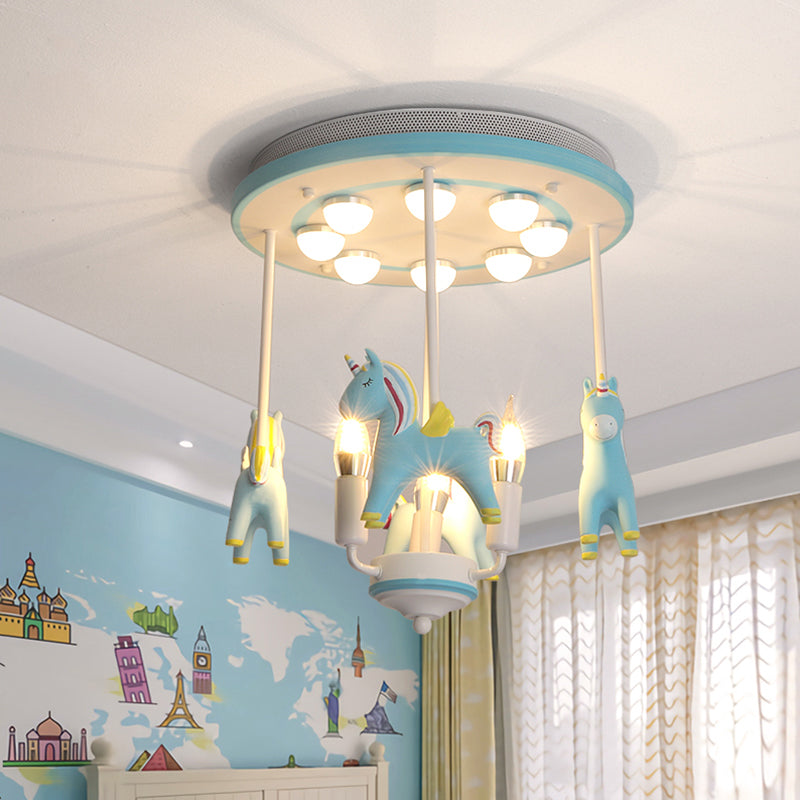 Resin Rainbow Unicorn Ceiling Light Cartoon 11 Bulbs Semi Flush Light Fixture for Child Room Blue Clearhalo 'Ceiling Lights' 'Close To Ceiling Lights' 'Close to ceiling' 'Semi-flushmount' Lighting' 2197215