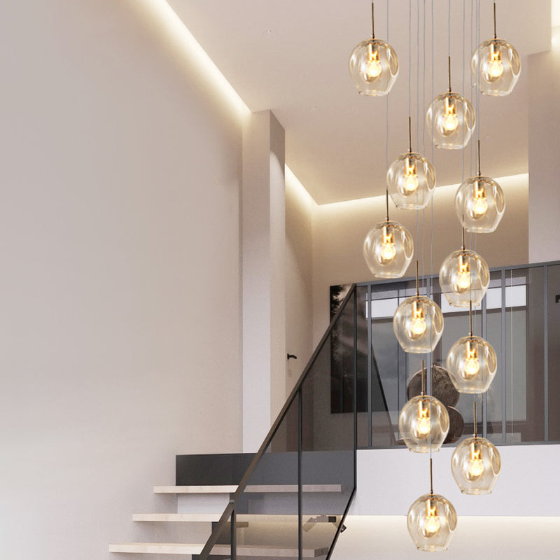 Handblown Glass Ball Multi Light Pendant Modern Cognac Hanging Lighting for Staircase 12 Cognac Clearhalo 'Ceiling Lights' 'Glass shade' 'Glass' 'Modern Pendants' 'Modern' 'Pendant Lights' 'Pendants' Lighting' 2197500