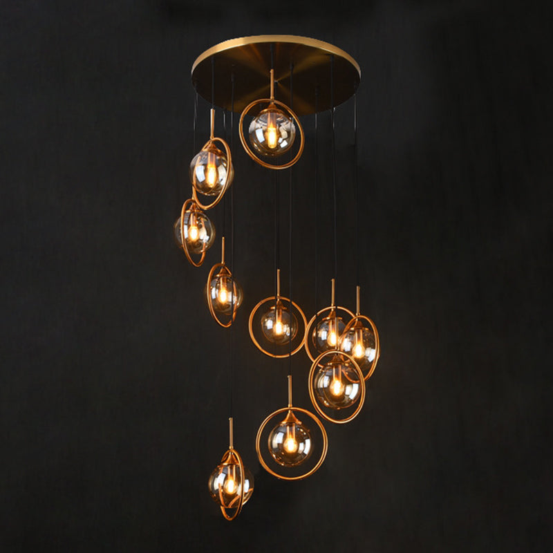 Nordic Style Spiral Ball Hanging Lighting Glass Staircase Multi Light Pendant 10 Amber B Clearhalo 'Ceiling Lights' 'Glass shade' 'Glass' 'Modern Pendants' 'Modern' 'Pendant Lights' 'Pendants' Lighting' 2197519