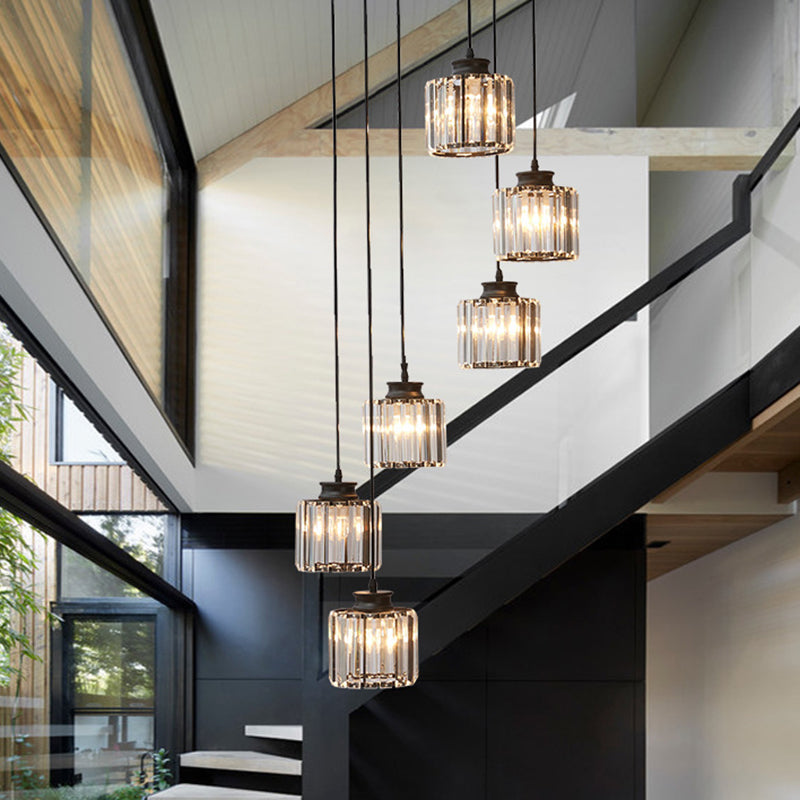 Cylinder Staircase Multi Ceiling Light Clear Crystal Modern Suspension Light Fixture 6 Black Clearhalo 'Ceiling Lights' 'Modern Pendants' 'Modern' 'Pendant Lights' 'Pendants' Lighting' 2197622