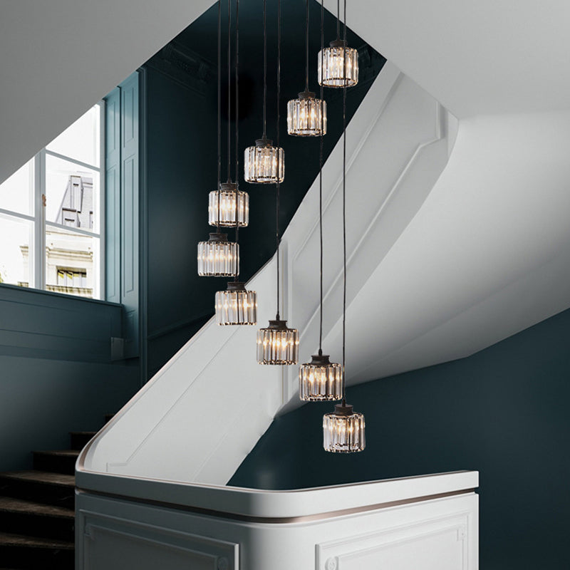 Cylinder Staircase Multi Ceiling Light Clear Crystal Modern Suspension Light Fixture 9 Black Clearhalo 'Ceiling Lights' 'Modern Pendants' 'Modern' 'Pendant Lights' 'Pendants' Lighting' 2197624