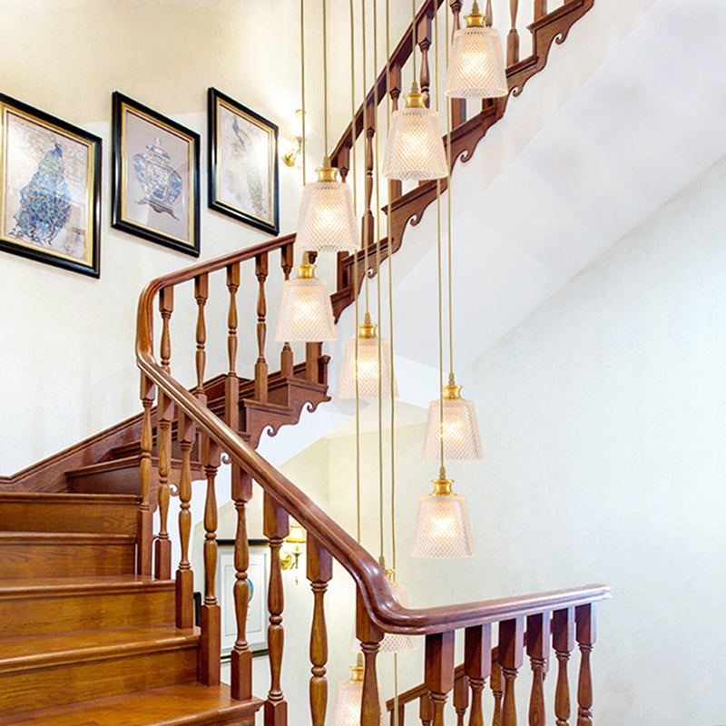 Bell Shade Staircase Hanging Light Lattice Glass 10 Heads Simplicity Multi Light Pendant in Gold Clearhalo 'Ceiling Lights' 'Glass shade' 'Glass' 'Modern Pendants' 'Modern' 'Pendant Lights' 'Pendants' Lighting' 2197643