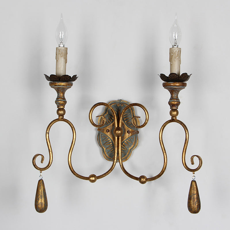 Candlestick Metallic Wall Mount Light Retro 2 Heads Corridor Wall Lighting with Swirled Arm in Gold Clearhalo 'Wall Lamps & Sconces' 'Wall Lights' Lighting' 2197935