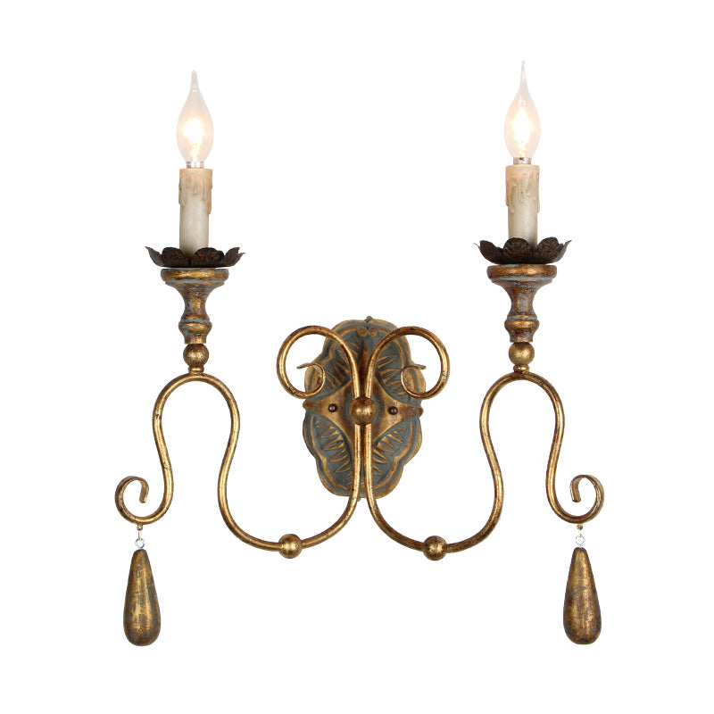 Candlestick Metallic Wall Mount Light Retro 2 Heads Corridor Wall Lighting with Swirled Arm in Gold Clearhalo 'Wall Lamps & Sconces' 'Wall Lights' Lighting' 2197937