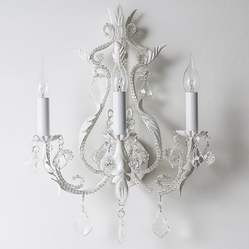 Traditional Candlestick Wall Mount Light 3 Bulbs Metallic Wall Light Fixture with Crystal Draping in White Clearhalo 'Wall Lamps & Sconces' 'Wall Lights' Lighting' 2197948