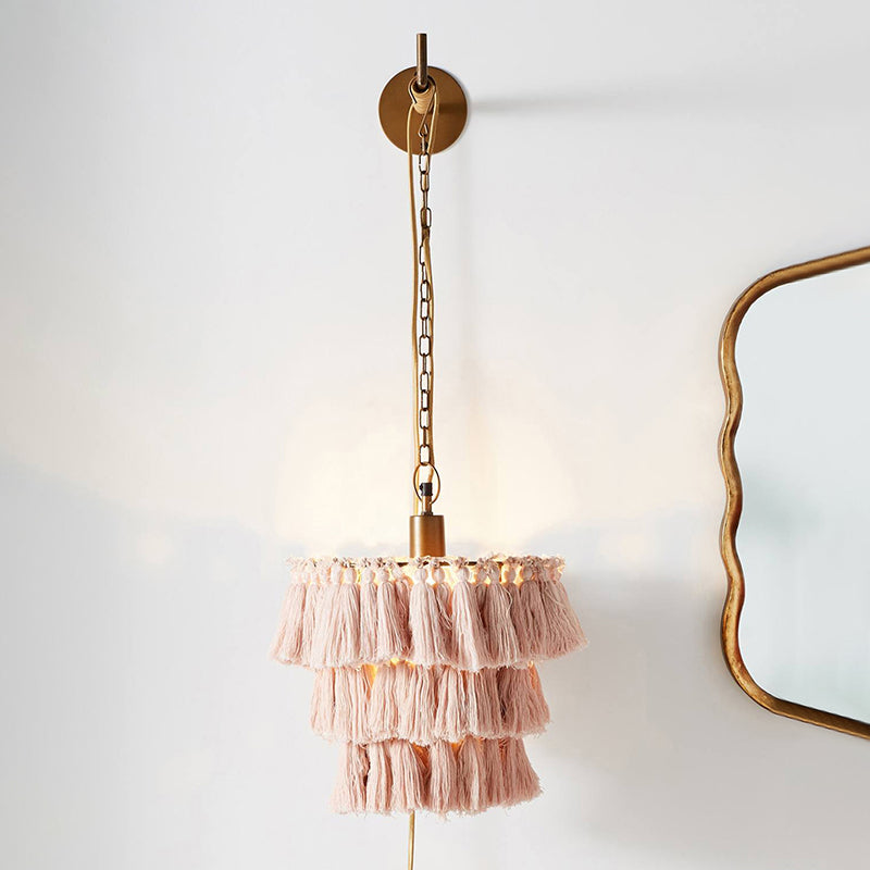 Layered Round Tassel Wall Mount Lighting Retro Single Bedroom Hanging Pendant Light Gold Pink Clearhalo 'Wall Lamps & Sconces' 'Wall Lights' Lighting' 2197987