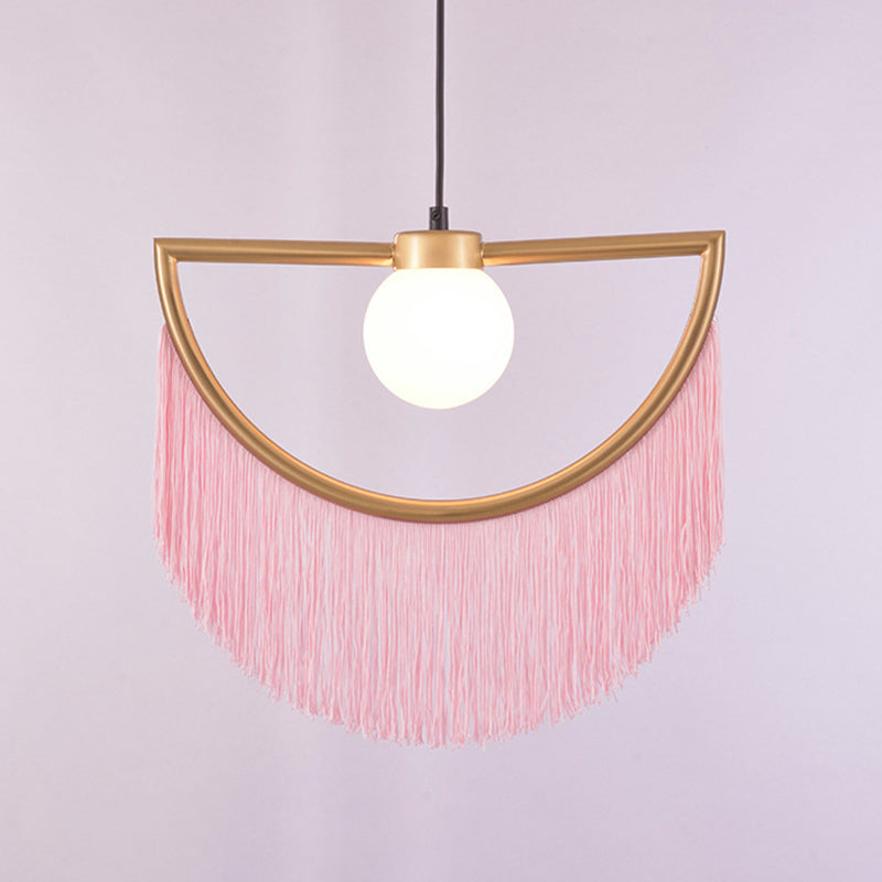 Minimalism Globe Suspension Light 1-Light Opal Glass Hanging Lamp with Decorative Fringe Clearhalo 'Ceiling Lights' 'Pendant Lights' 'Pendants' Lighting' 2198000