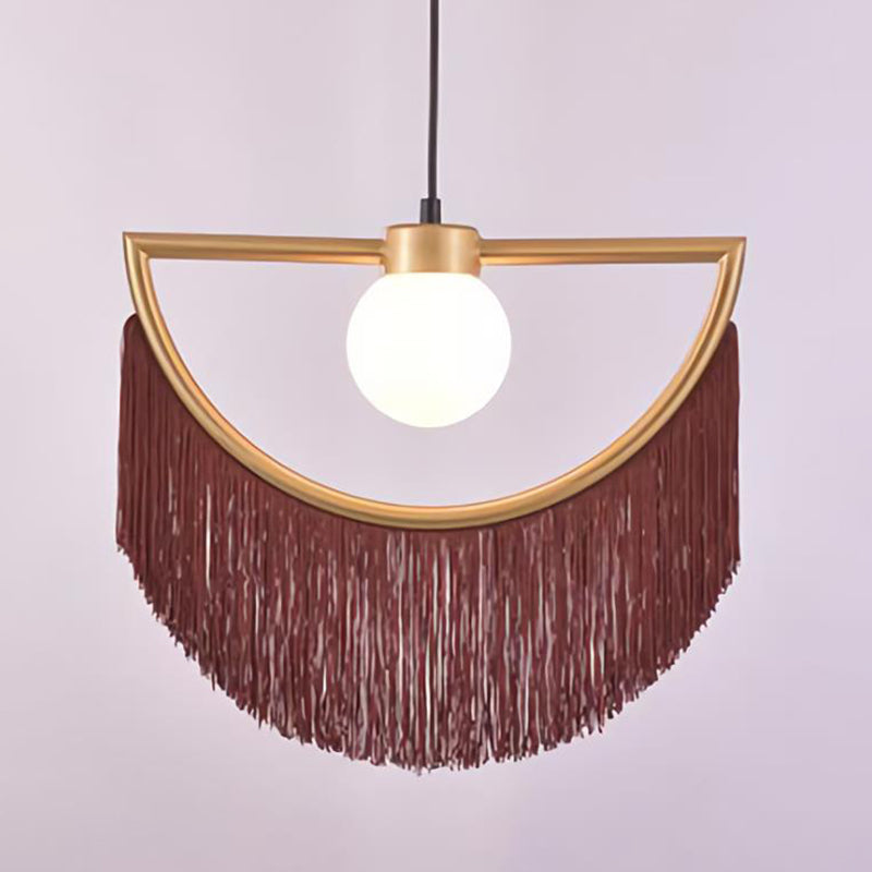 Minimalism Globe Suspension Light 1-Light Opal Glass Hanging Lamp with Decorative Fringe Clearhalo 'Ceiling Lights' 'Pendant Lights' 'Pendants' Lighting' 2198004