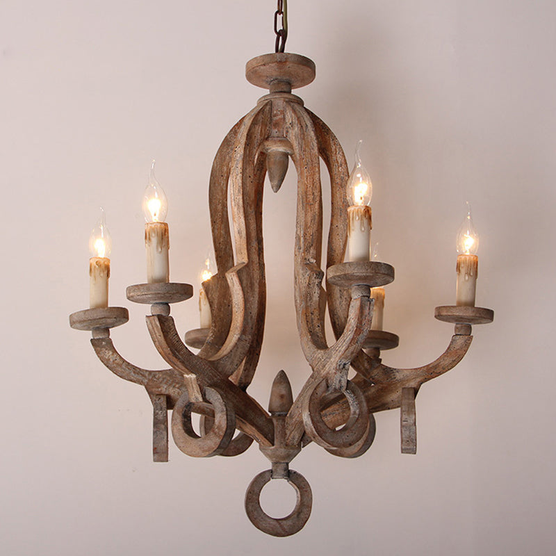 Wooden Candlestick Chandelier Pendant Light Vintage 6 Bulbs Living Room Hanging Light Clearhalo 'Ceiling Lights' 'Chandeliers' Lighting' options 2198126